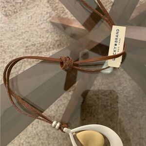 Lucky Brand Brown Leather Necklace with Gold and White Pendant